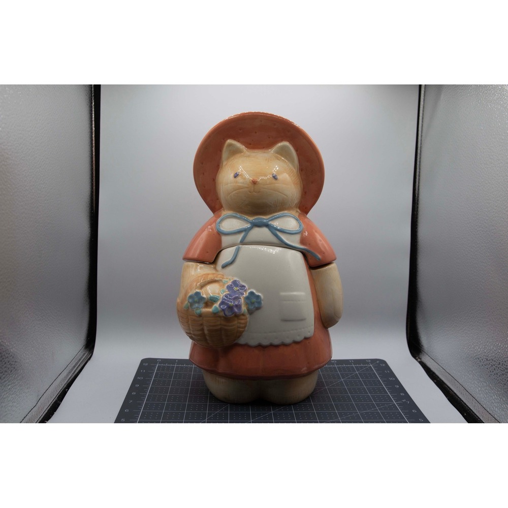 Vintage Ceramic Cat Cookie Jar Pink Dress Sun Hat Flower Basket Figural Canister